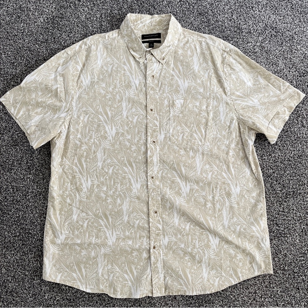 Banana Republic Shirt Mens XL Tan White Floral Button Up Hawaiian Slim Fit